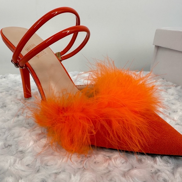 NIB Neon Orange Feather Trim Convertible Heels - Picture 2 of 7